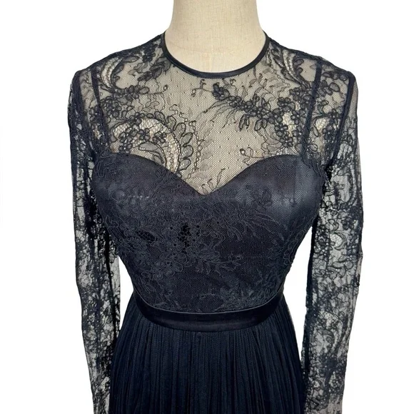 Catherine Deane Lace & Mesh Silk Sweetheart Long Sleeve Midi Dress UK8/US4